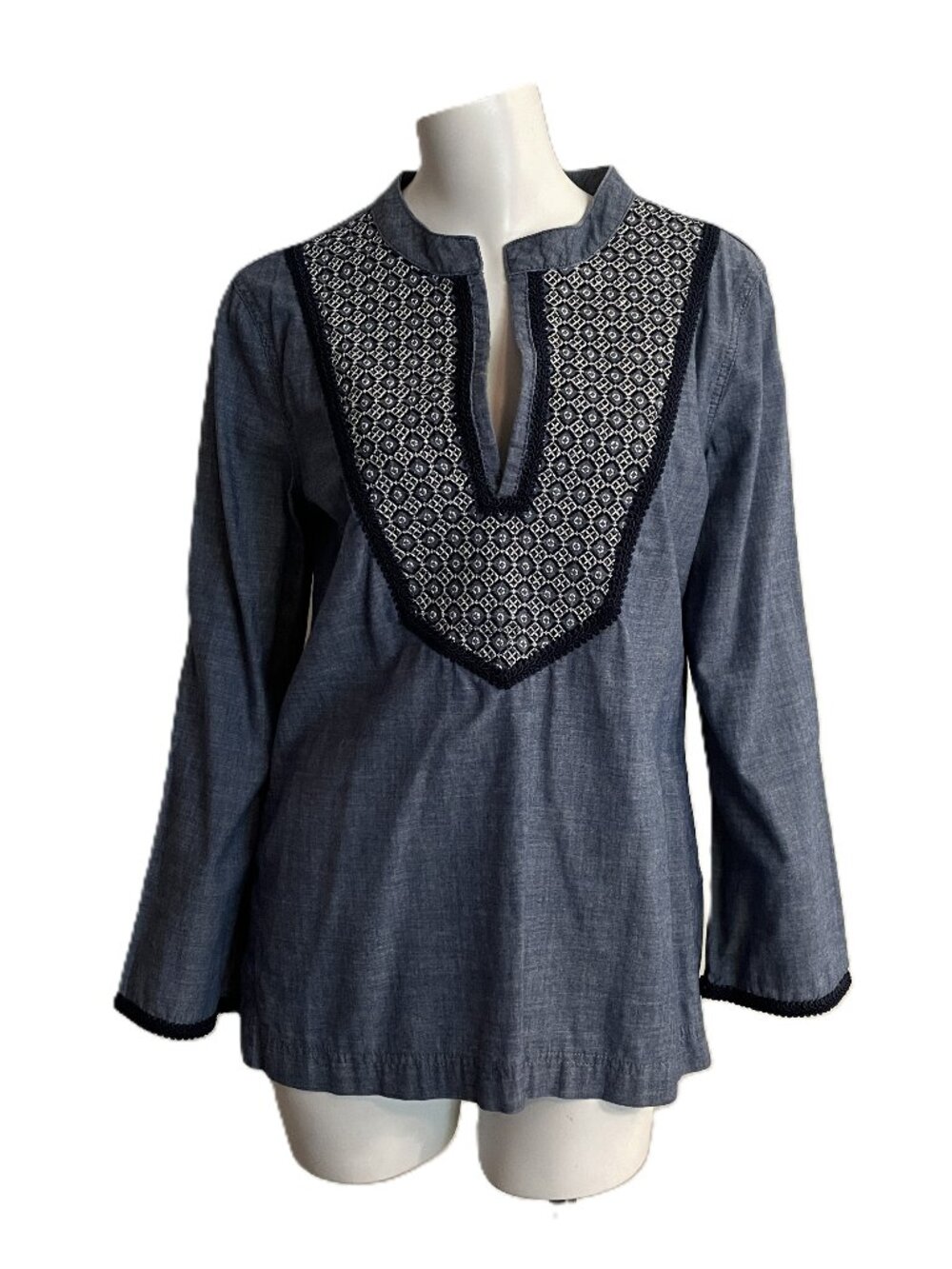 Tory Burch Tunic Blouse Top Sz 8 Med Embroidered Blue Chambray Geometric Cotton